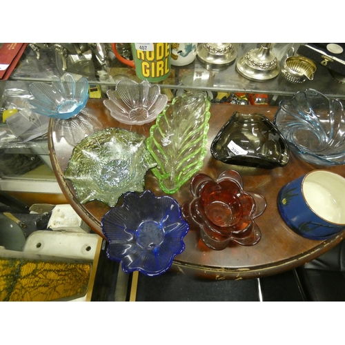 396 - TABLE TOP LOT OF GLASS AND POTTERY