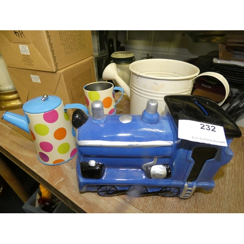 232 - CHILD`S TEA SET, WATERING CAN AND SAVING TRAIN LOT