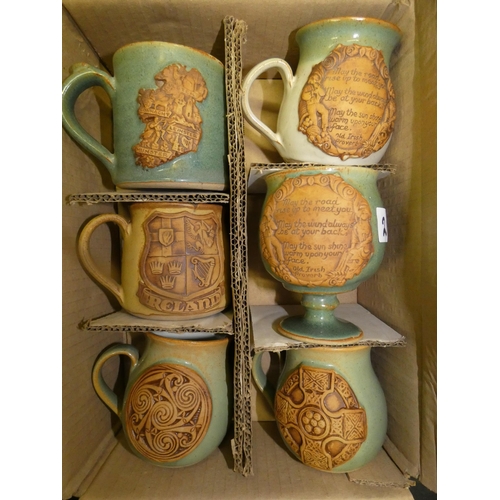 216 - 5 ASSORTED CELTIC DESIGN POTTERY MUGS AND 1 GOBLET