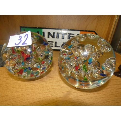 32 - 2 DECORATIVE GLASS PAPER WEIGHTS