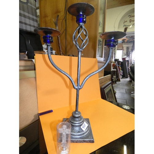 40 - PEWTER AND BLUE GLASS 3 ARM CANDLEABRA