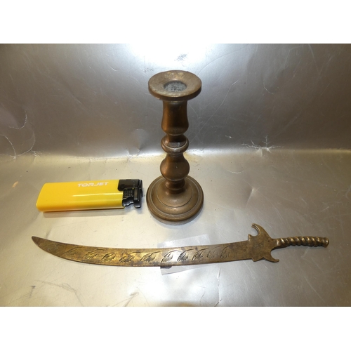 30 - BRASS LETTER OPENER AND CANDLESTICK