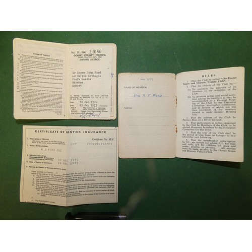 156 - DOESET COUNTRY CONCIL DRIVING LICENCE 1967 INSURANCE AND DORSET STEAM AND HISTORIC VEHICLE CLUИ MEME... 