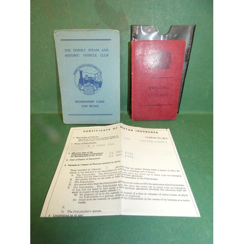 156 - DOESET COUNTRY CONCIL DRIVING LICENCE 1967 INSURANCE AND DORSET STEAM AND HISTORIC VEHICLE CLUИ MEME... 