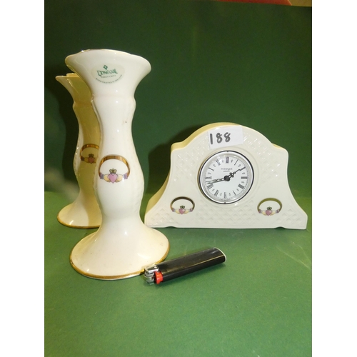 188 - DONEGAL CHINA CLOCK AND CANDLE STICKS