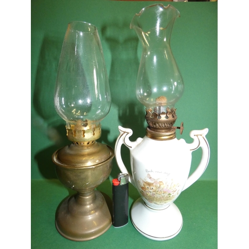 9 - 2 TILLY LAMPS -1 BRASS 1 CERAMIC