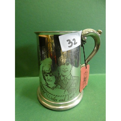 32 - ENGLISH PEWTER TANKARD AND CHINA THIMBLE COMMEMORATING MARRIAGE OF CHARLES +DIANA