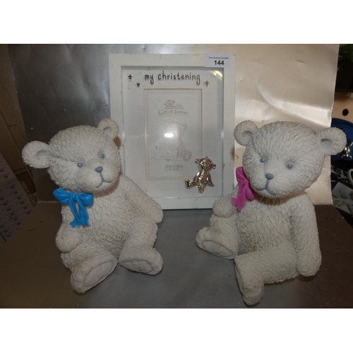 144 - CHRISTENING PHOTOFRAME AND 2 WHITE BEARS