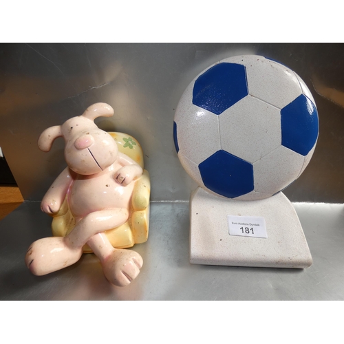 181 - CERAMIC MONEY SAVING BOX AND FOOTBALL STAND