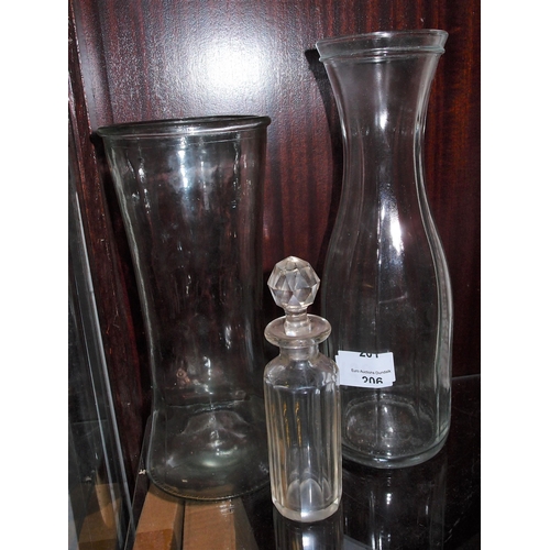 206 - 2 GLASS VASES AND PERFUME BOTTLE