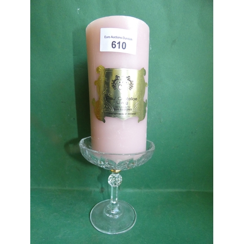 610 - PAUL COSTELLOE HAND MADE CANDLE WITH GLASS CANDLE STAND