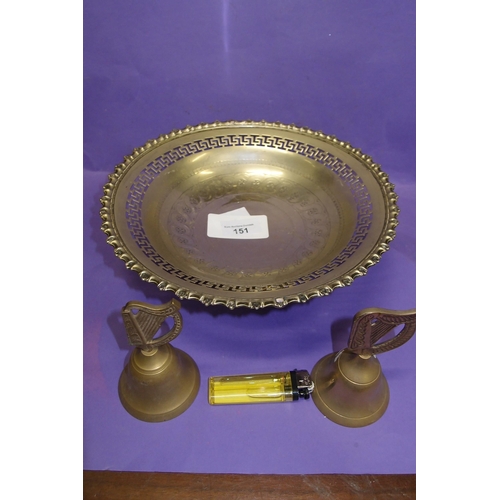 151 - PAIR OF BRASS BELLS AND ANTIQUE BRASS ROUND TRAY ON STAND