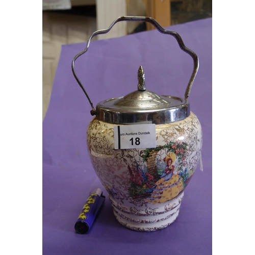 18 - Art Deco Pottery  biscuit barrel with EPNS  handle.