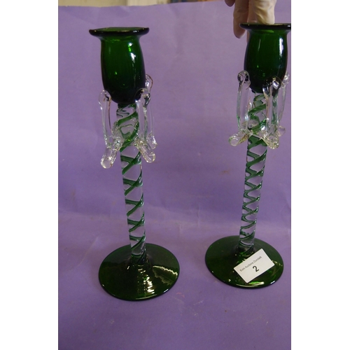 2 - PAIR OF GREEN BLOWN GLASS CANDLEHOLDERS