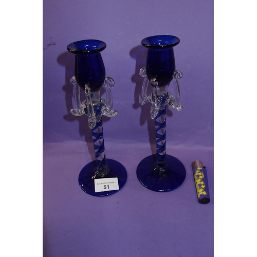 51 - PAIR OF BLUE BLOWN GLASS CANDLEHOLDERS