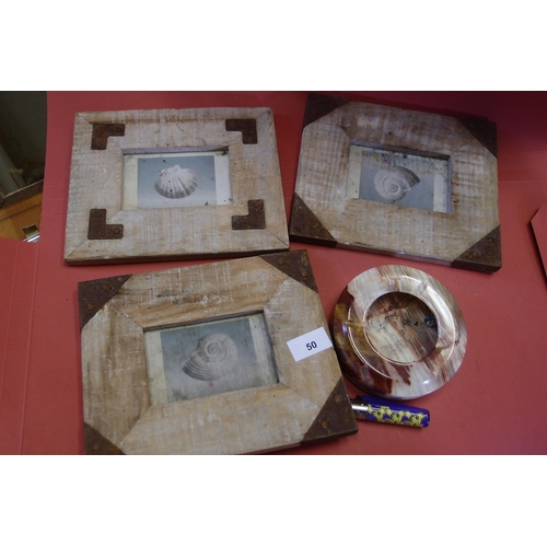 50 - 3 DECORATIVE PHOTO FRAMES AND ONYX ASHTRAY