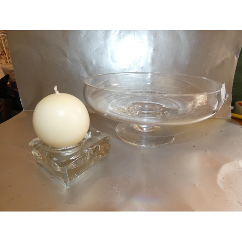 40 - GLASS PEDESTAL BOWL AND CANDLE HOLDER