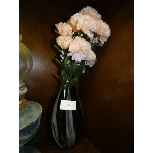 376 - BLOWN GLASS BLACK VASE WITH ARTIFICIAL FLOWERS