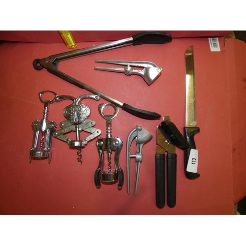 113 - QTY OF QUALITY CORKSCREWS AND FOOD TONGS