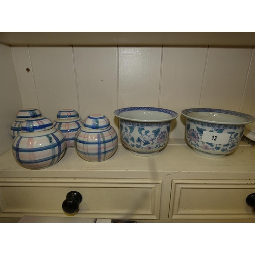 13 - 4 CHINA LIDED JARS AND 2 DECORATIVE PLANT POTS