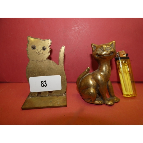 83 - 2 BRASS CATS-ONE CANDLE HOLDER