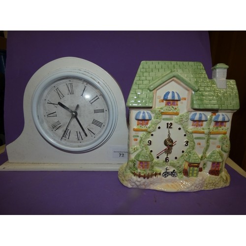 117 - WHITE WOODEN CLOCK AND VILLAGE GREEN- COTTAGE CLOCK IN BOX