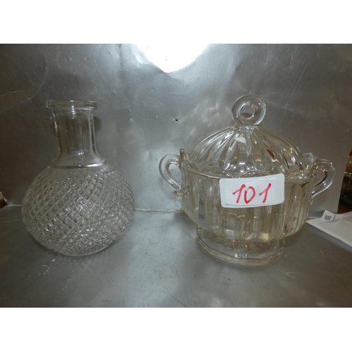 101 - GLASS SUGAR BOWL AND GLASS BOTTLE