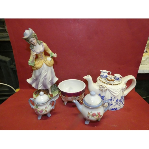 52 - BLUE CARDEW TEA POTS AND VINTAGE LADY FIGURINE