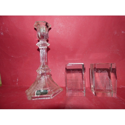 34 - NEWGRANGE CANDLE STICK AND 2 3D GLASS PAPERWEIGHTS