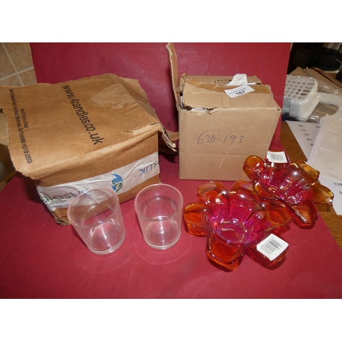 40 - TEA LIGHTS CANDLE HOLDERS AND 10 SMALL GLASSES