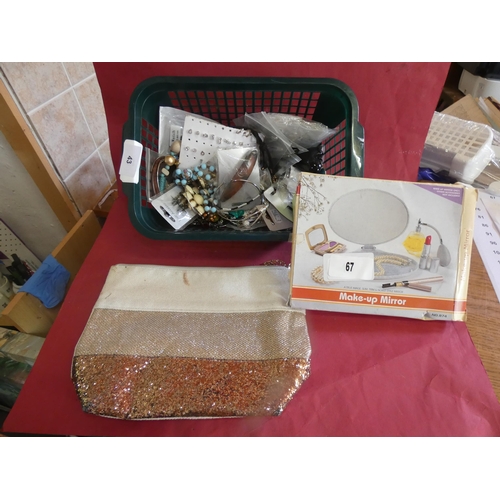 43 - QTY OF COSTUME JEWELRY AND COSMETICS BAG, MIRROR