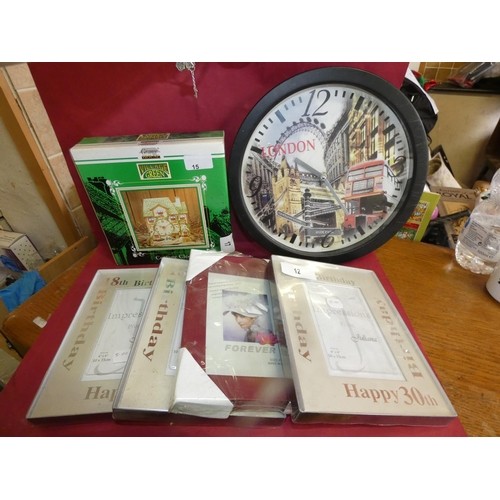 7 - NEW COTTAGE CLOCK, LONDON CLOCK AND 4 JULLIANA PHOTO FRAMES