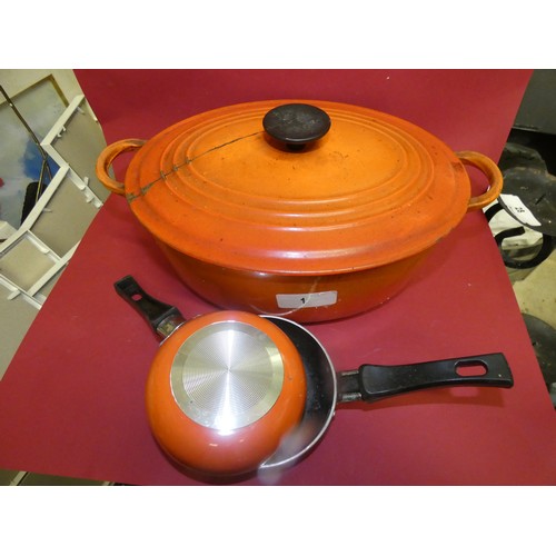 1 - 1950'S FRENCH RED ENAMELED CAST IRON  DUTCH OVEN AND 2 PANS