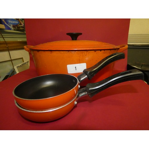 1 - 1950'S FRENCH RED ENAMELED CAST IRON  DUTCH OVEN AND 2 PANS