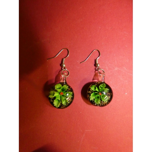 288 - Handmade hand-blown green and red flower Murano glass earrings