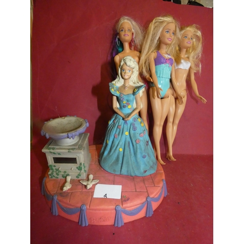 4 - BARBIE CLOCK AND 3 BARBIE DOLLS