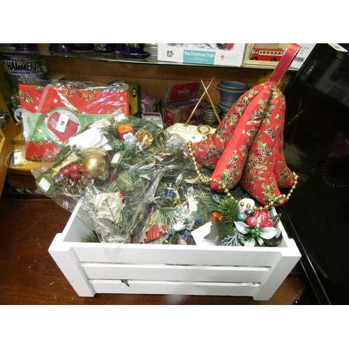 107 - OLD  VEGETABLE  BOX FULL OF  HAND MADE  XMAS  DECORATIONS