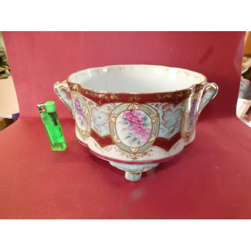 22 - HAND PAINTED PORCELAIN PINK ROSES RED BOWL