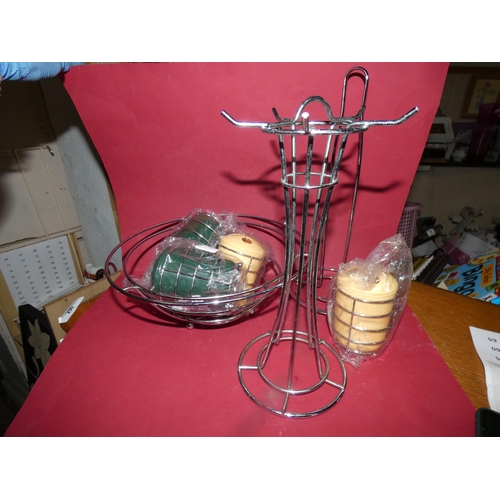 51 - METAL FRUIT BASKET, MUG'S HOLDER AND TOOTH BRUSH HOLDERS