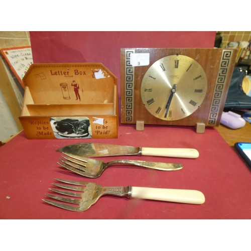 1 - VINTAGE MANTEL CLOCK, LETTER HOLDER AND 3 CUTLERY PIECES