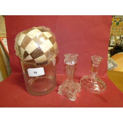 18 - 2 GLASS CANDLE HOLDERS AND COCONUT BALL