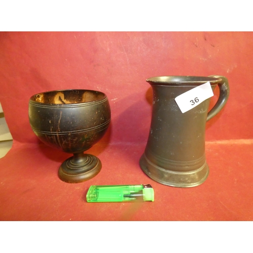 36 - VINTAGE WOODEN PEWTER AND BRONZE TONE BEER MUG