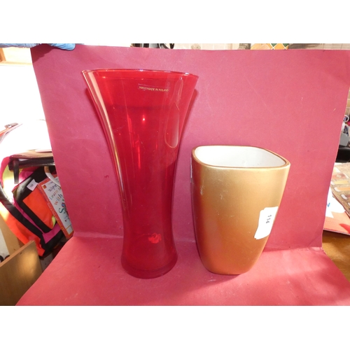 114 - TALL RED VASE AND GOLDEN TONE PLANT POT