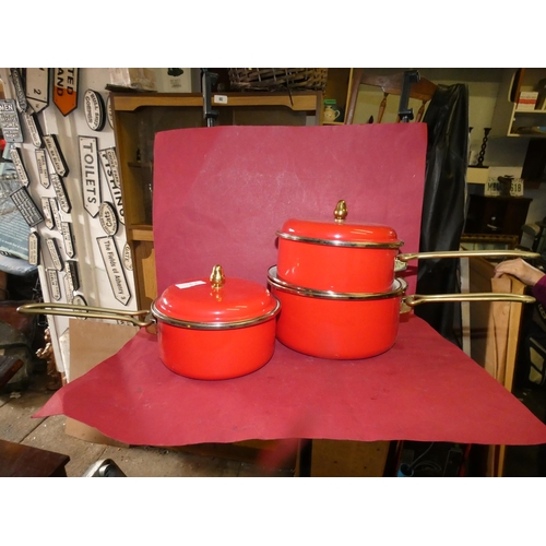 33 - ENAMEL 3 PIECE RED COOKWARE SET