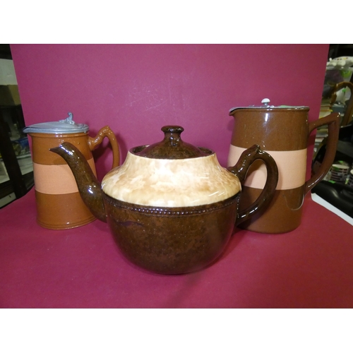 3 VINTAGE BROWN POTTERY TEAPOTS