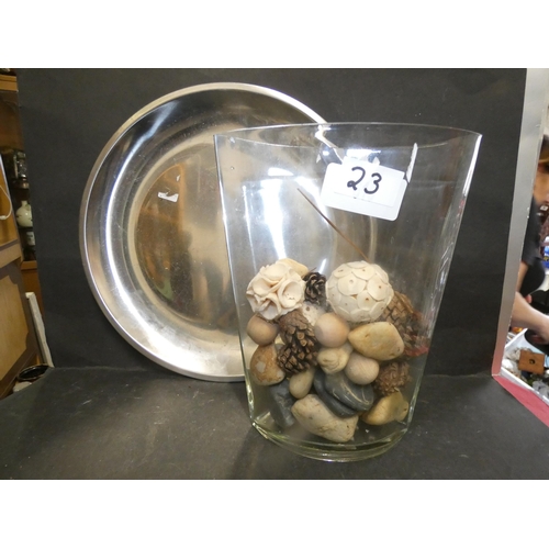 23 - SILVER TONE TRAY AND NATURAL SEASHELL VASE