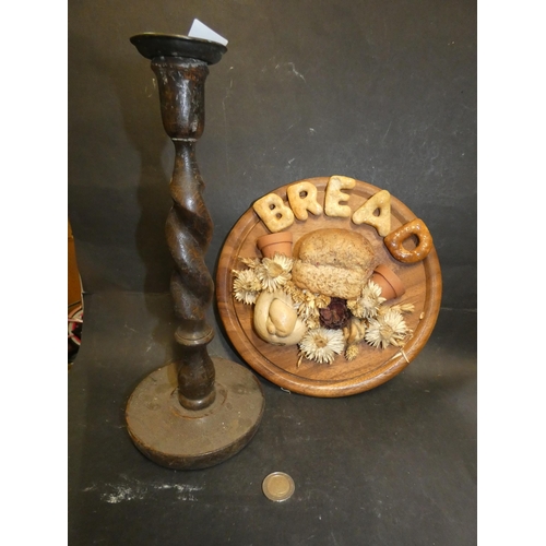 24 - BREAD WOODEN WALL PLAQUE AND WOODEN CANDLE STICK HOLDER