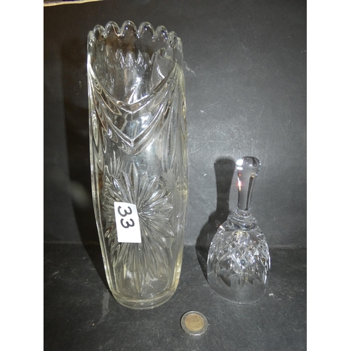 33 - TALL HAND CUT CRYSTAL VASE AND BELL