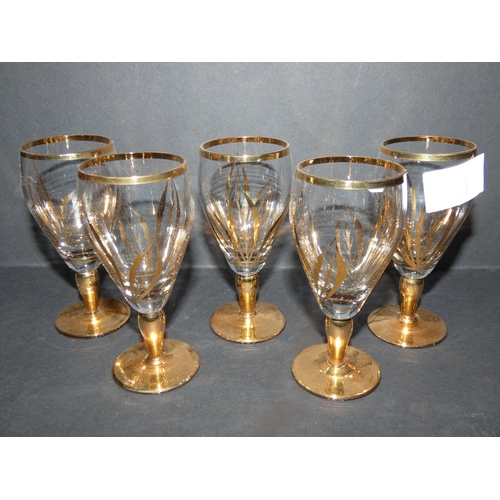 31 - 5 Vintage Amber Stemmed and Gilt Outlined Crystal Sherry/Port Glasses