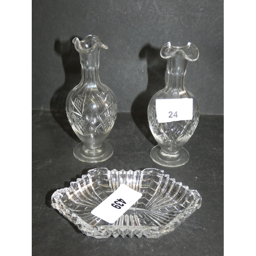 24 - PAIR OF CLEAR GLASS SMALL VASES AND TRINKET DISH